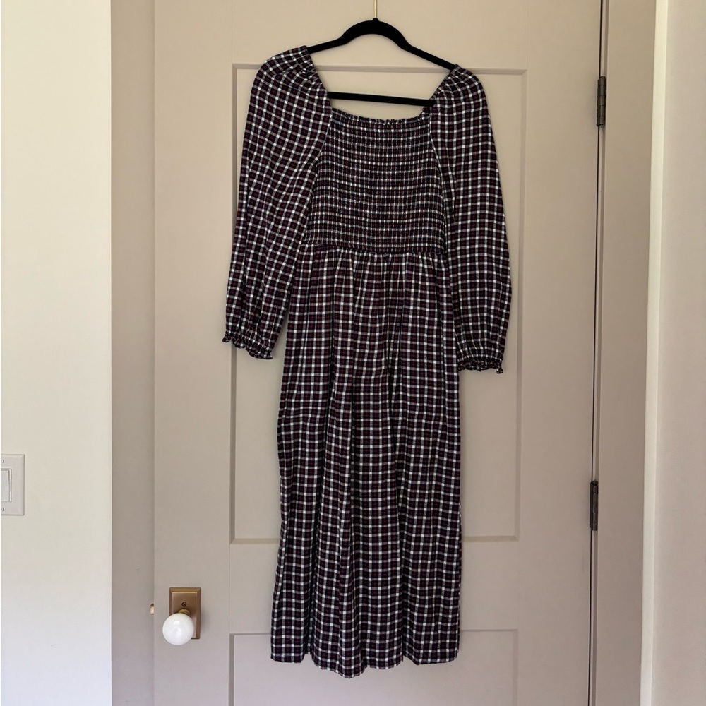 J. Crew Factory Smocked Blue and Red Plaid Flannel Midi Dress